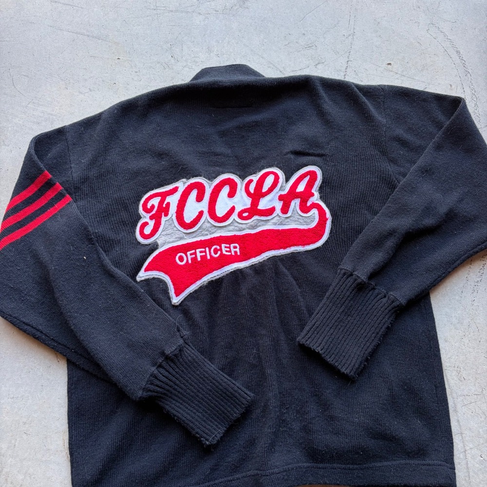 Vintage 70s Sand Knit FCCLA Officer Letterman Cardigan Sweater Black Red Mens S